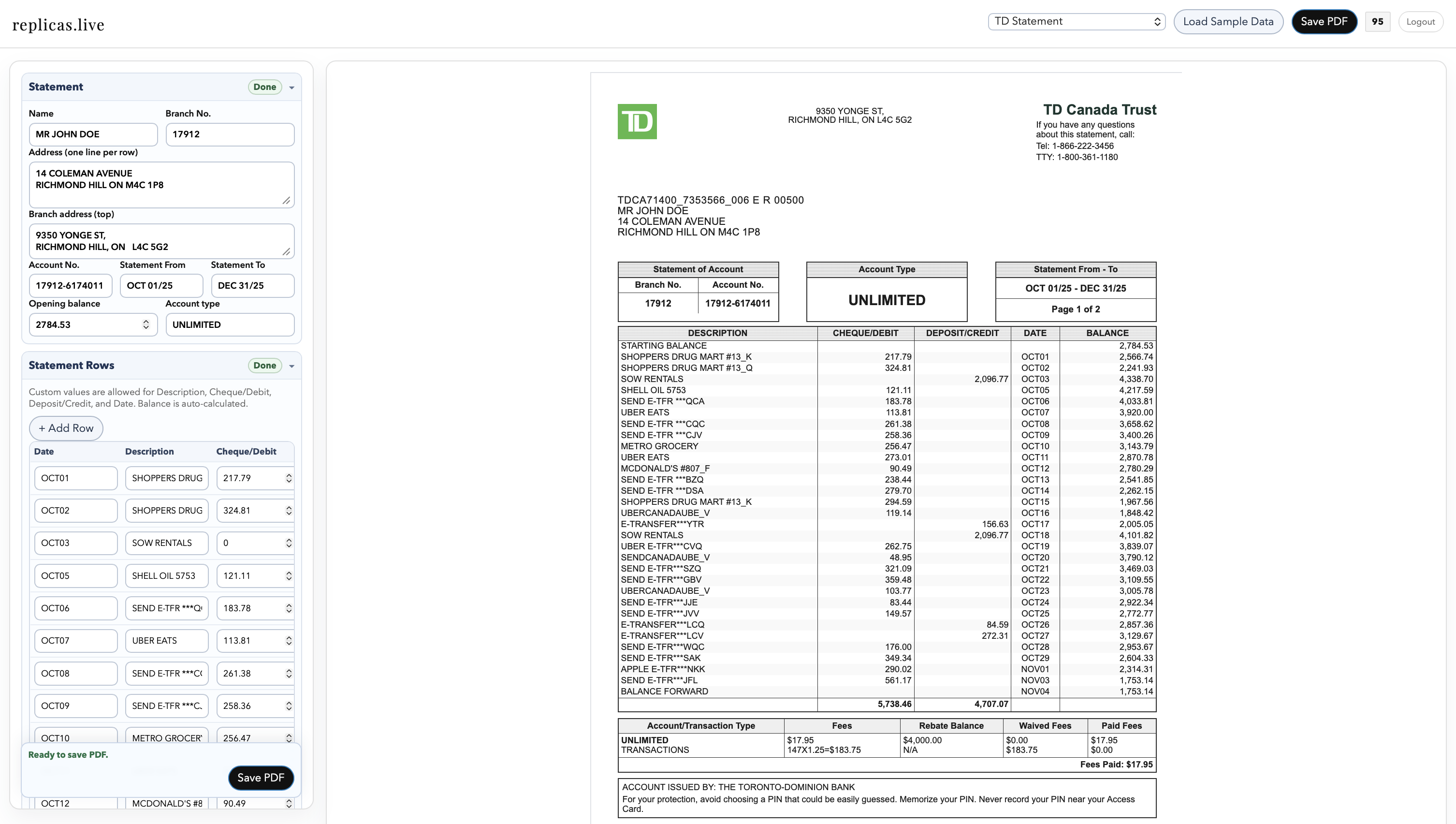 TD Bank Statement Generation